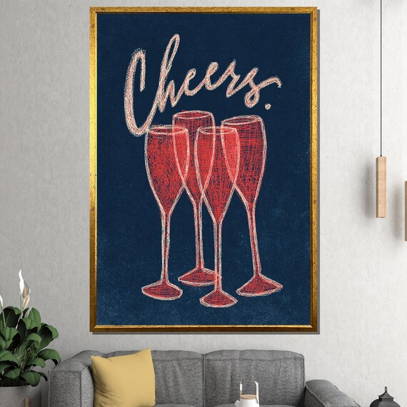 Cheers Champagne Flutes Navy Blue Sketch Bar Party Celebration Poster