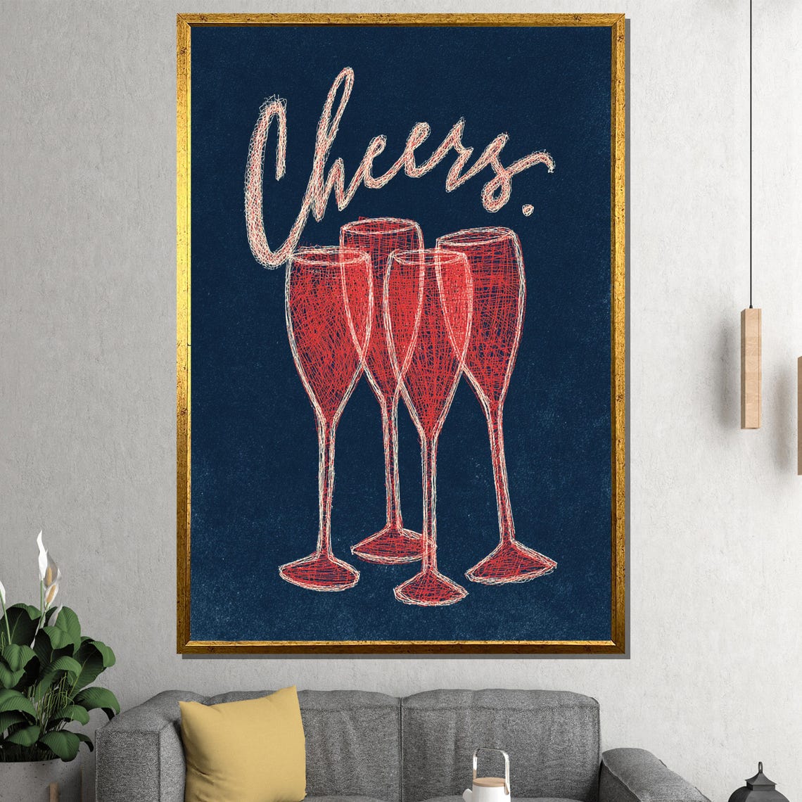Cheers Champagne Flutes Navy Blue Sketch Bar Party Celebration Poster