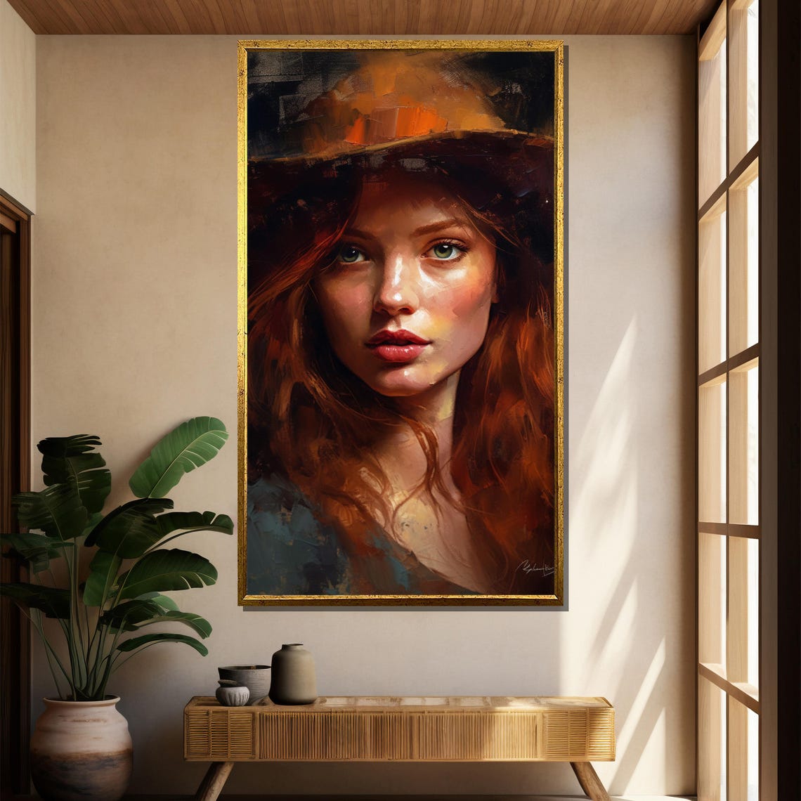 Redhead Woman Canvas Painting Abstract Portrait Wall Art Ready To Hang Modern Home Decor Elegant - Image 2