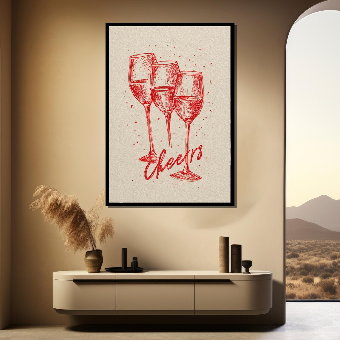 Cheers Red Wine Glasses Sketch Kitchen Bar Cart Celebration Art Poster - Image 3