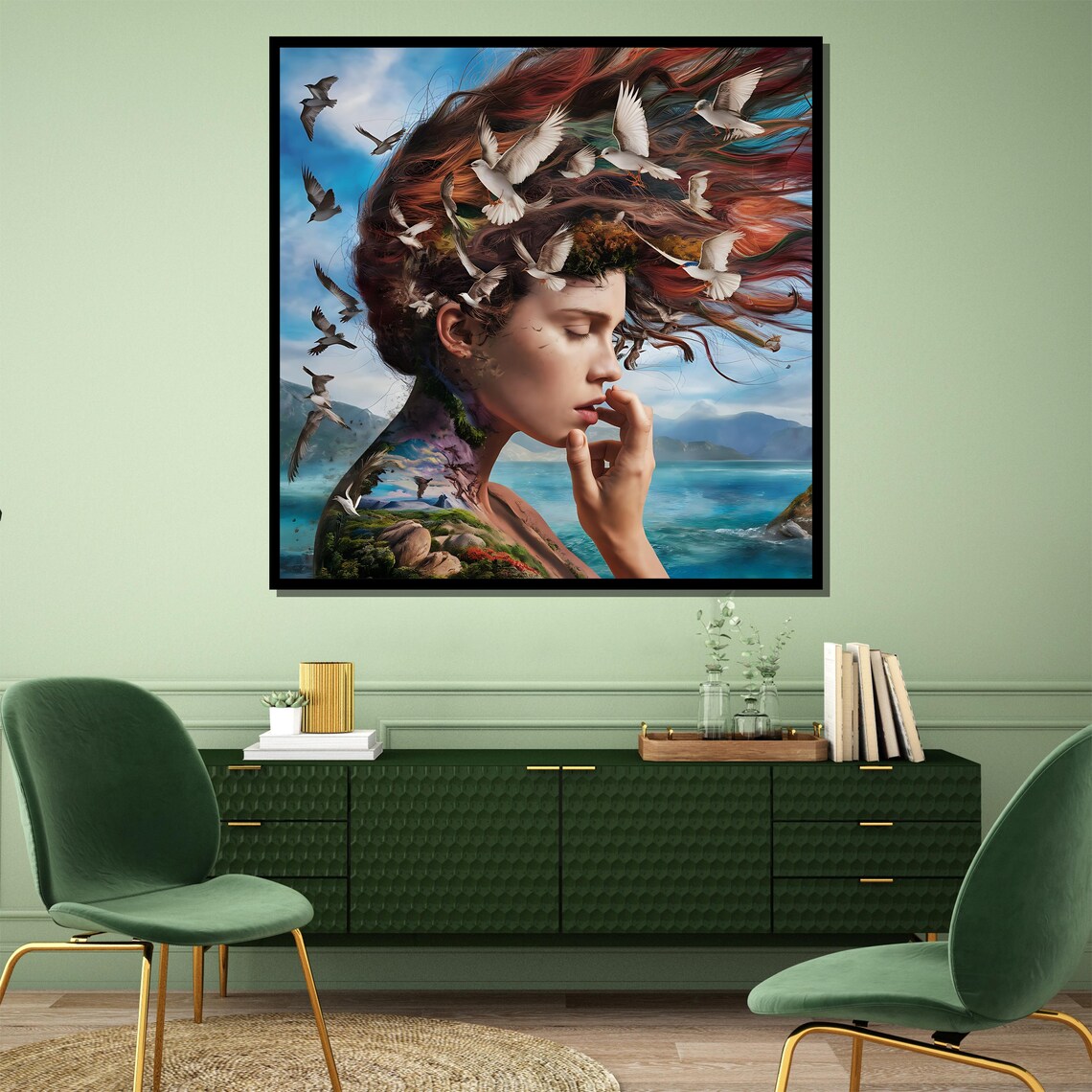 Nature Spirit Woman Seashore Double Exposure Birds Flying Art Poster - Image 3