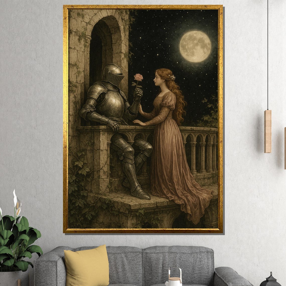 Knight Offering Rose To Lady Moonlit Balcony Romantic Medieval Poster