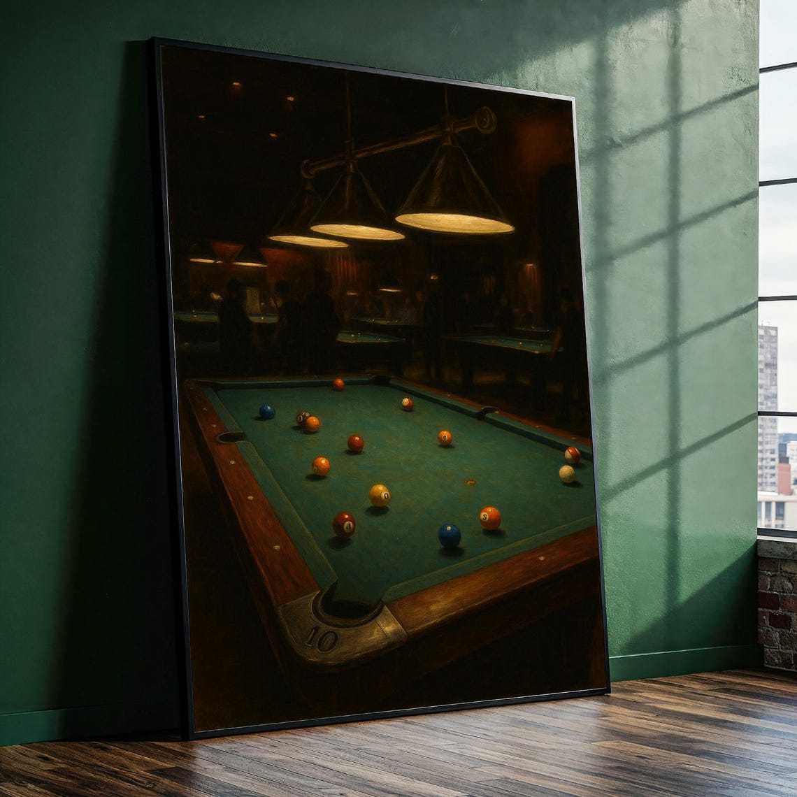 Moody Billiards Hall Green Pool Table Hanging Lamps Bar Art Poster