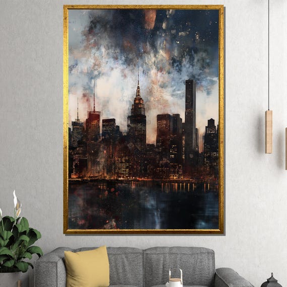 New York City Skyline Canvas Painting Moody Night Urban Wall Art Ready To Hang Gift For Him And Modern Loft Decor