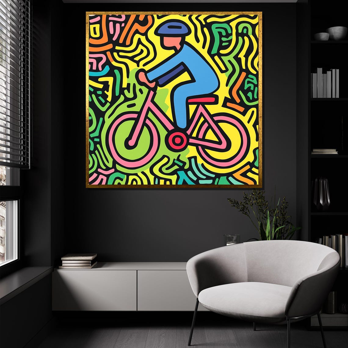 Keith Haring Inspired Joyful Cyclist Pink Bike Colorful Pop Poster - Image 2