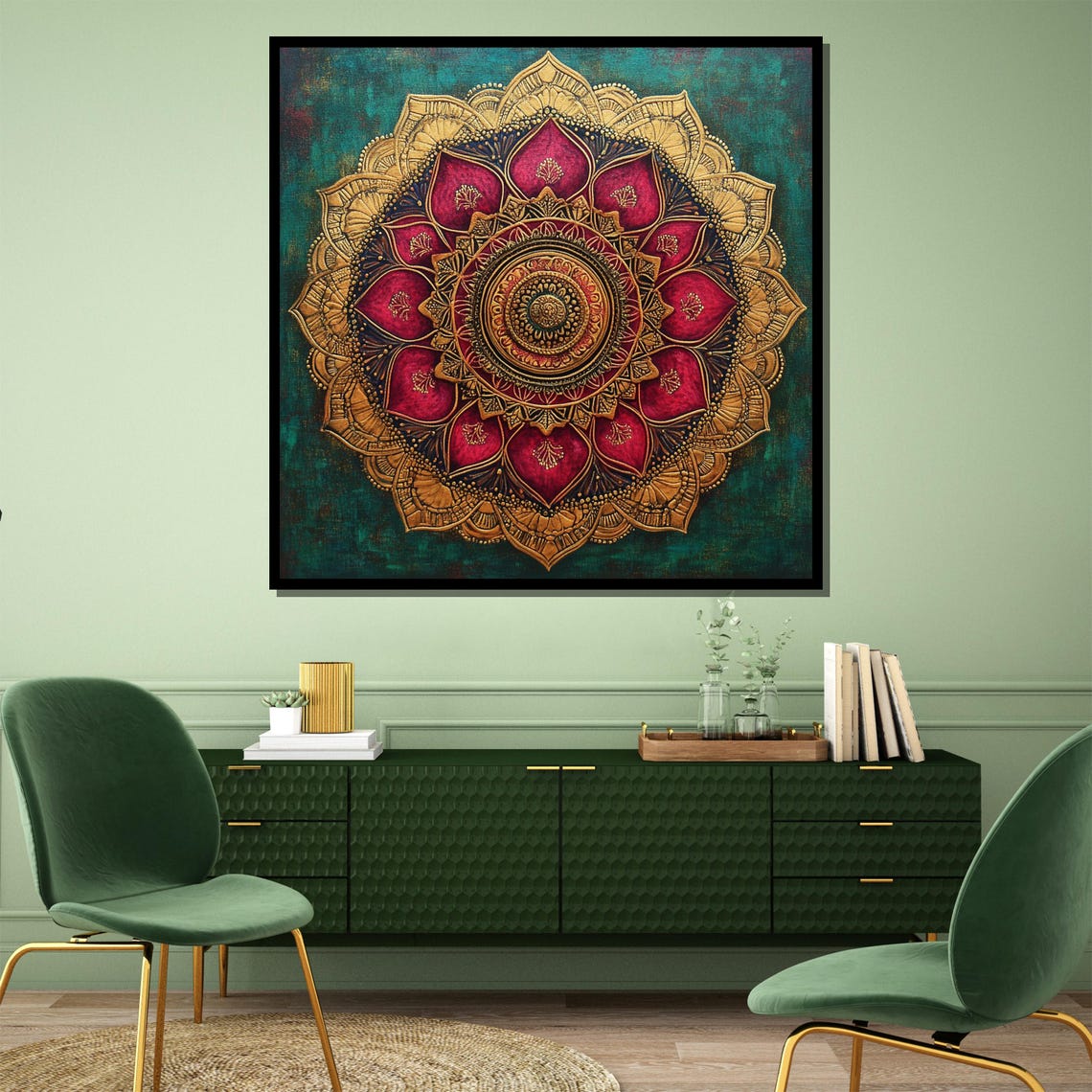 Radiant Pink Red Gold Mandala On Teal Intricate Boho Decor Poster - Image 3