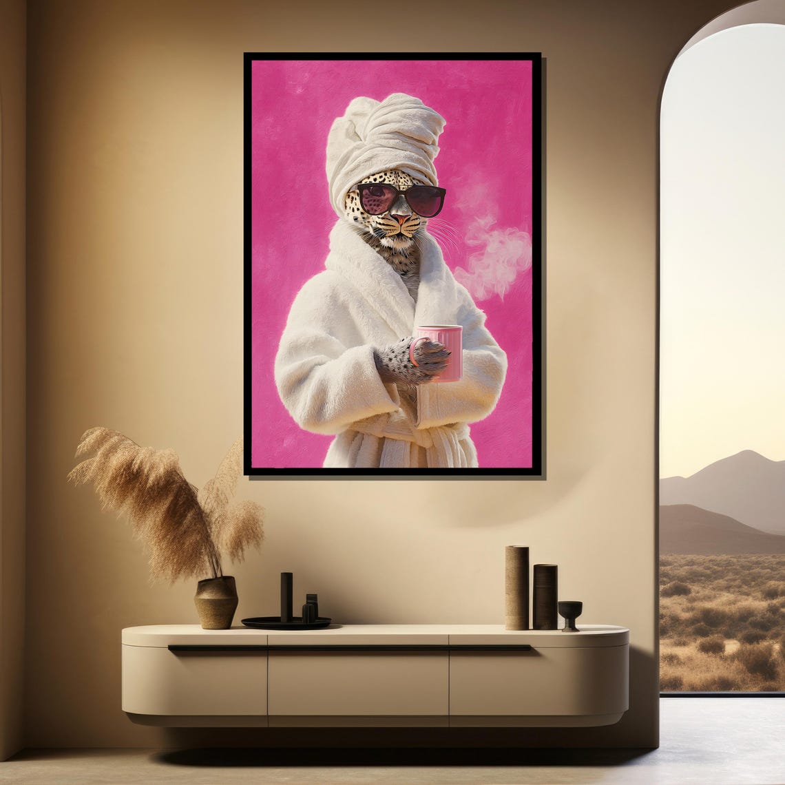 Playful Leopard in Bathrobe and Sunglasses Pink Pop Art Funny Poster - Image 3