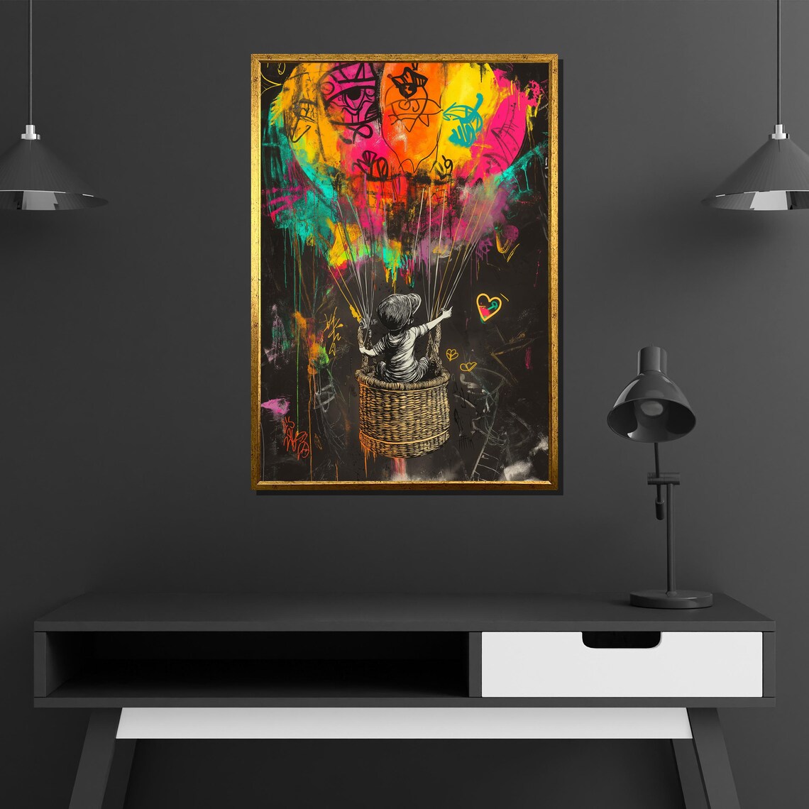 Child Hot Air Balloon Graffiti Street Art Dreamy Balloon Poster - Image 2