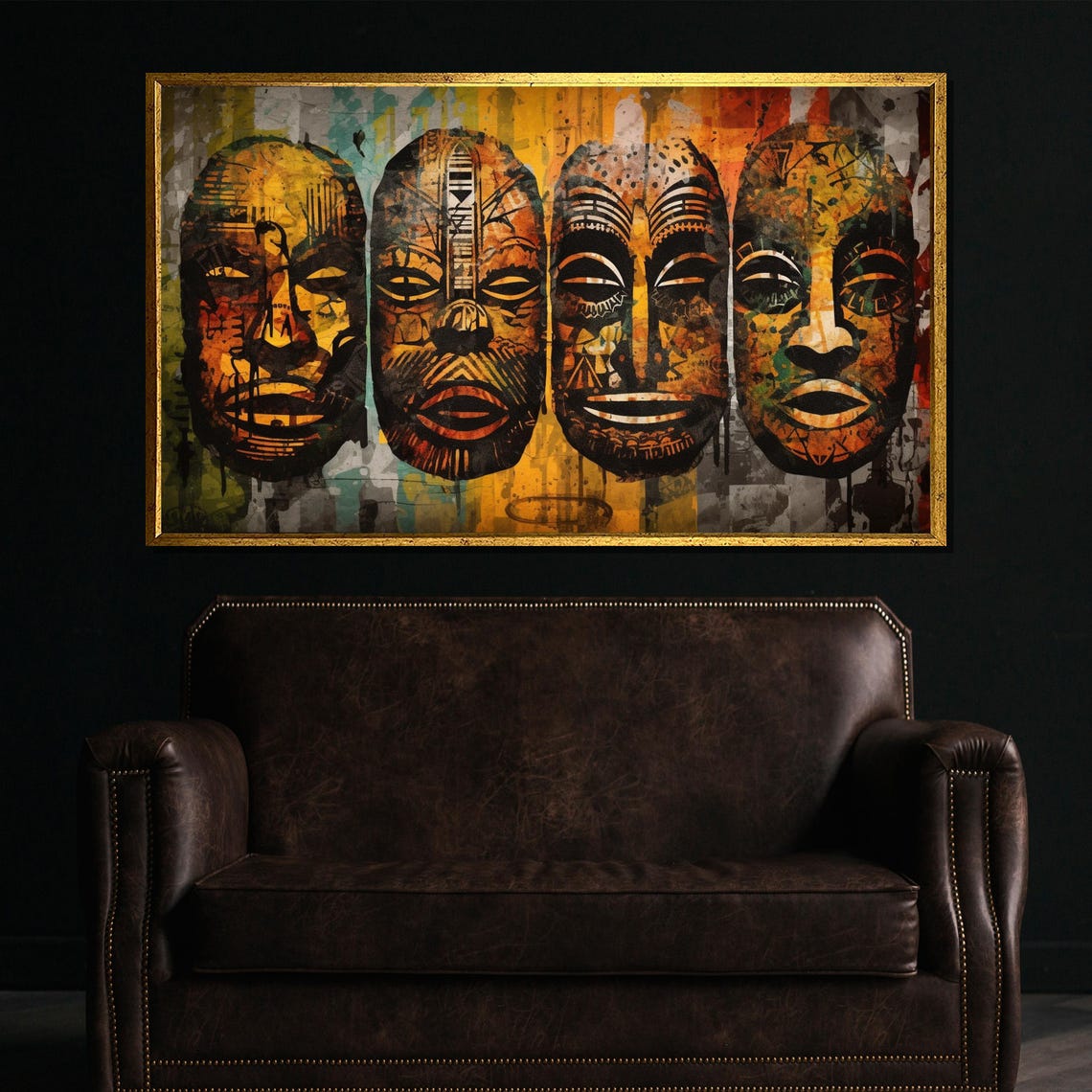 African Tribal Masks Four Faces Abstract Ethnic Mixed Media Poster