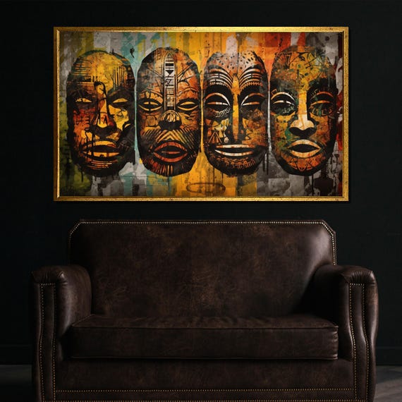 African Tribal Masks Canvas Painting Abstract Ethnic Wall Art Ready To Hang Boho Home Decor Cultural Gift