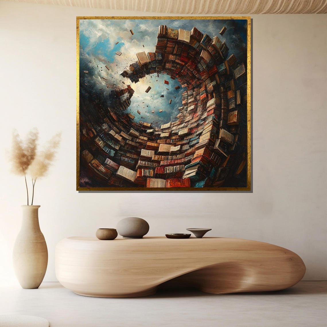 Book Vortex Surreal Fantasy Library Swirling Books Sky Portal Poster