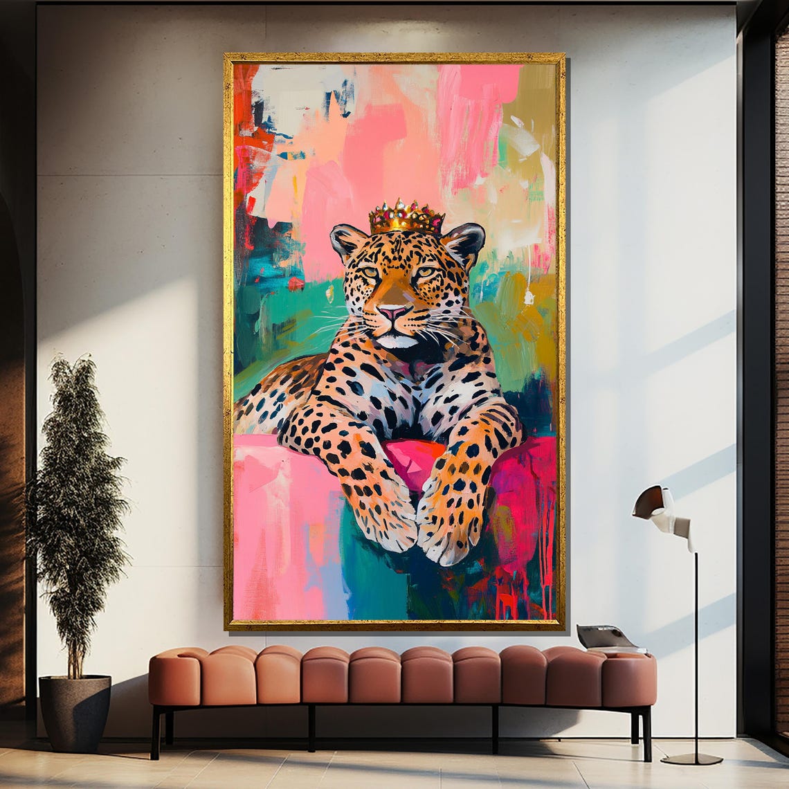 Crowned Leopard Canvas Painting Colorful Jungle King Wall Art Ready To Hang Gift For Bold Decor Lovers - Image 2