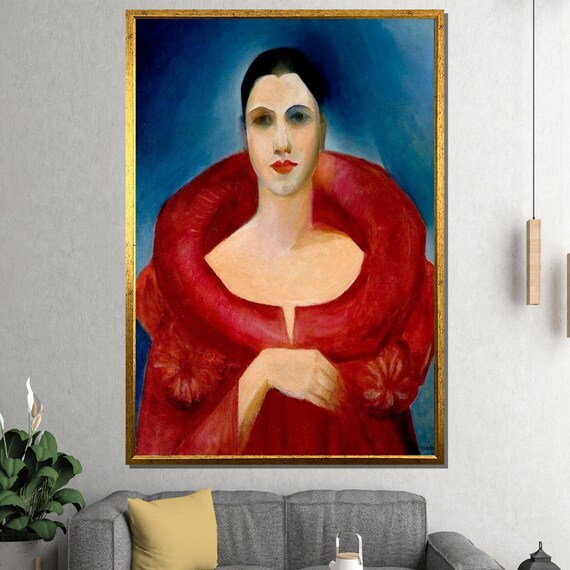 Woman in Red Coat Art Deco Style Portrait Bold Elegant Painting Poster