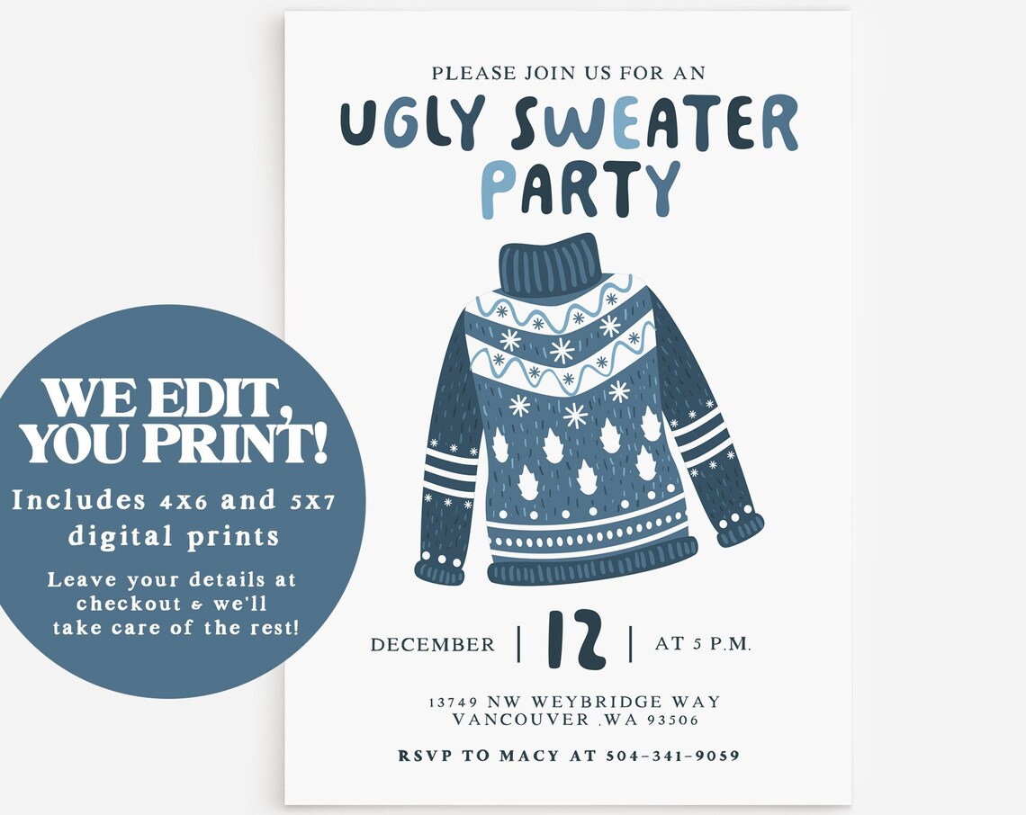 Ugly Sweater Party Navy Christmas Invitation Digital Template Print
