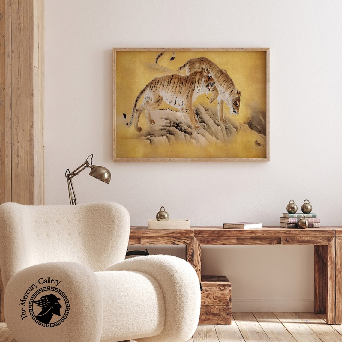 Two Tigers On Gold Leaf Rock Antique Japanese Tiger Wildlife Art Print - Image 3