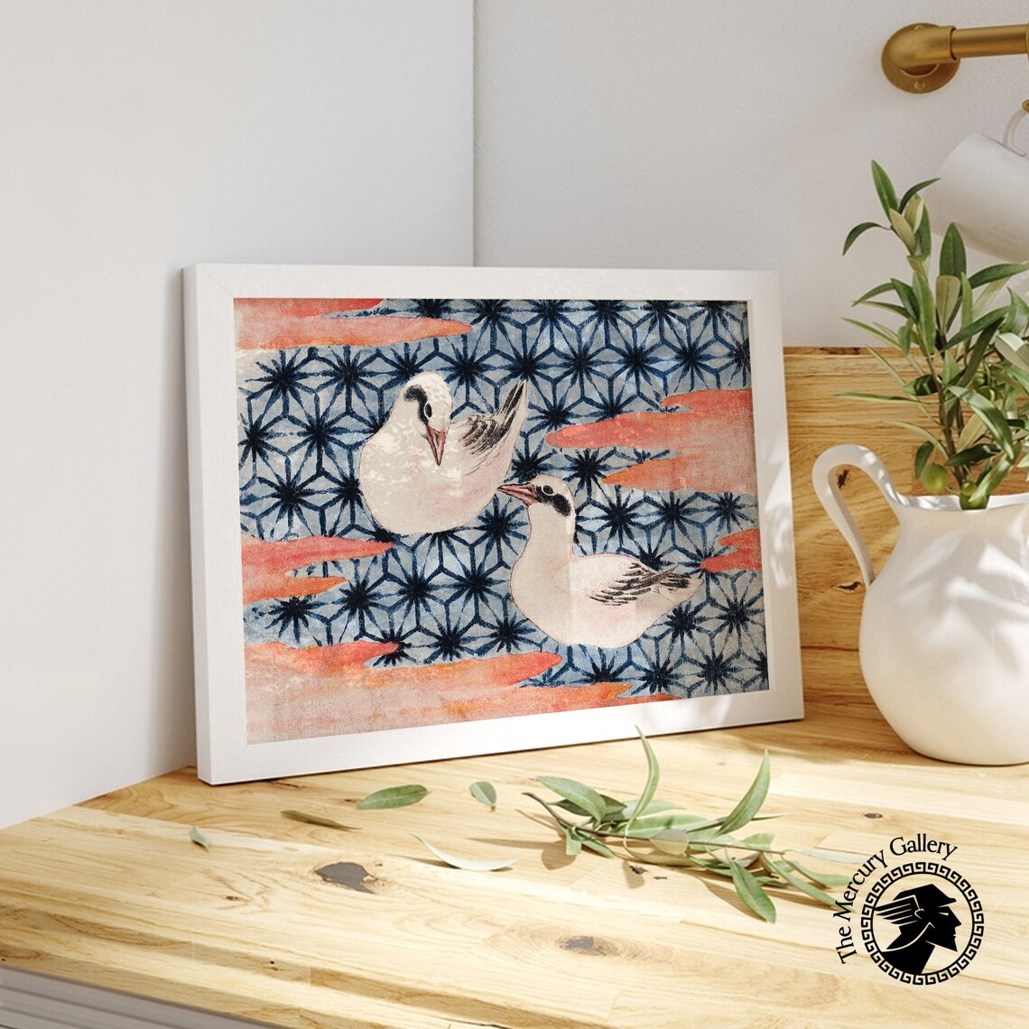 Two White Birds Patterned Sky Vintage Japanese Woodblock Bird Art Poster - Image 5