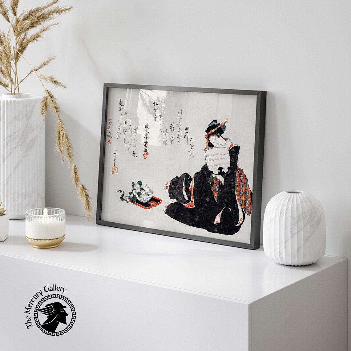Hokusai Japanese Woman in Black Kimono With Fan and Poem Script Art Poster - Image 2