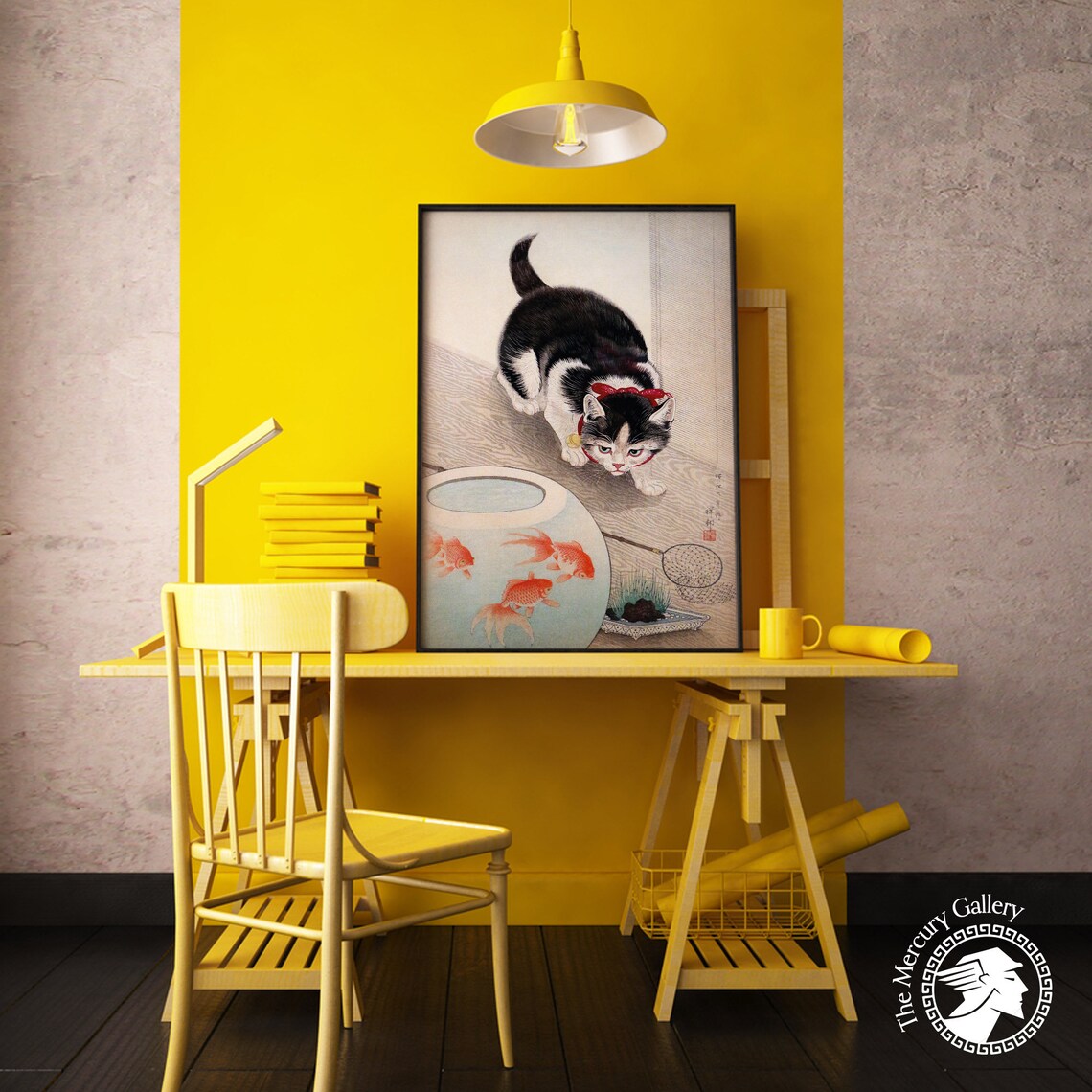 Black Cat Watching Goldfish Bowl Vintage Japanese Cat Animal Art Poster - Image 3