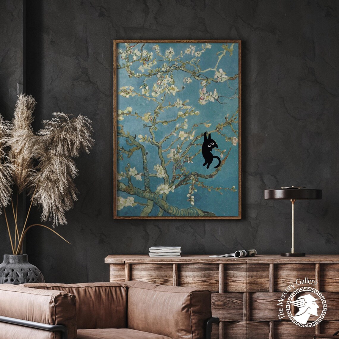Black Cat in Almond Blossom, Van Gogh-Inspired Art Print - Image 2