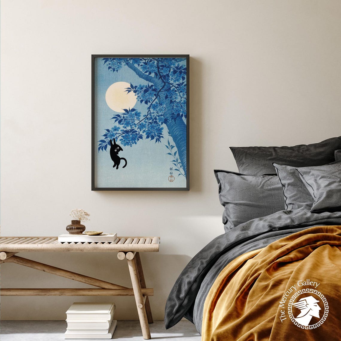 Ohara Koson Moonlit Cherry Blossom Black Cat Cute Japanese Art Poster - Image 2