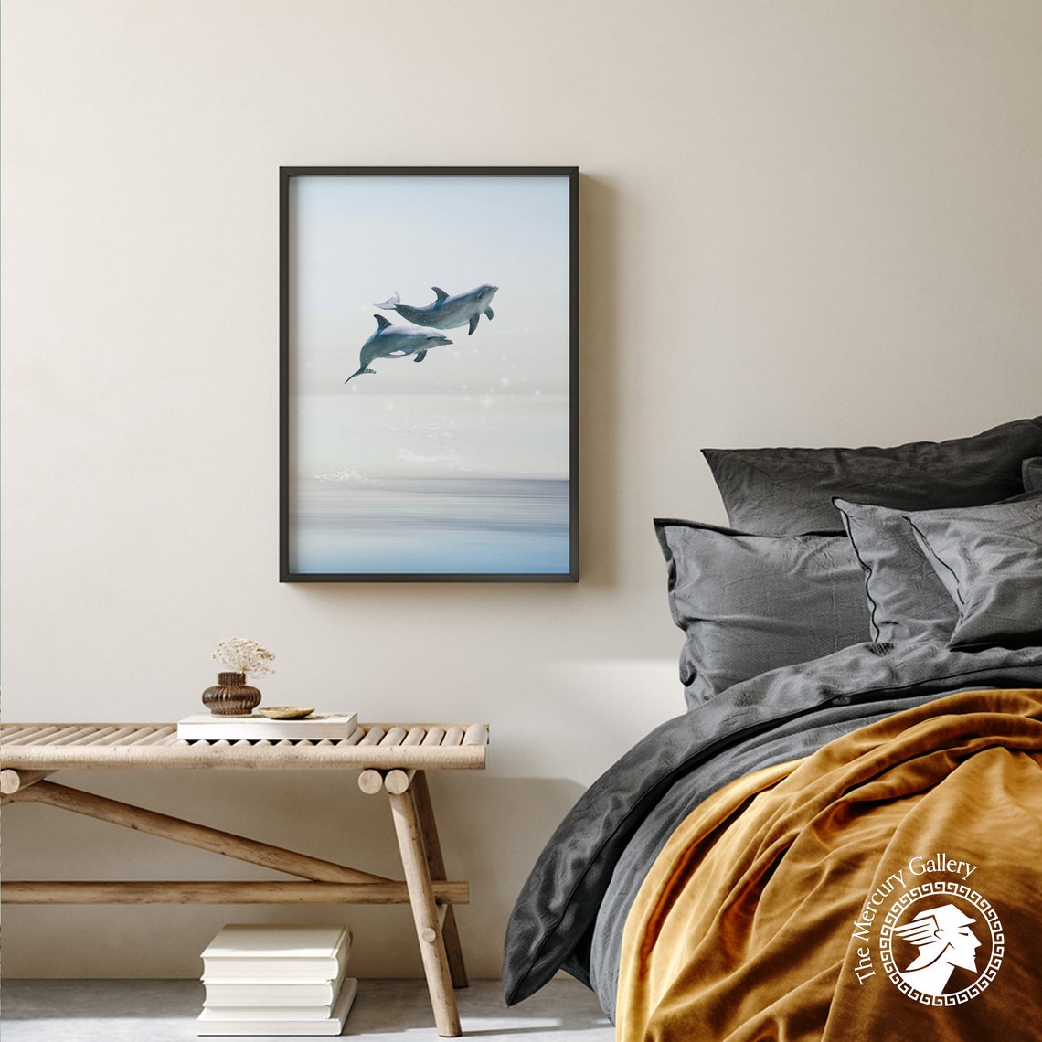 Two Dolphins Leaping Over Calm Ocean Serene Coastal Nursery Wall Print - Image 2
