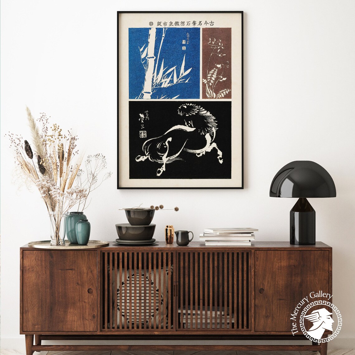 Japanese Woodblock Trio Blue Bamboo Floral And Horse Panel Art Poster - Image 6