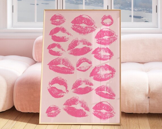 Pink Lipstick Kiss Marks Poster Pop Art Lips Collage Girly Room Decor