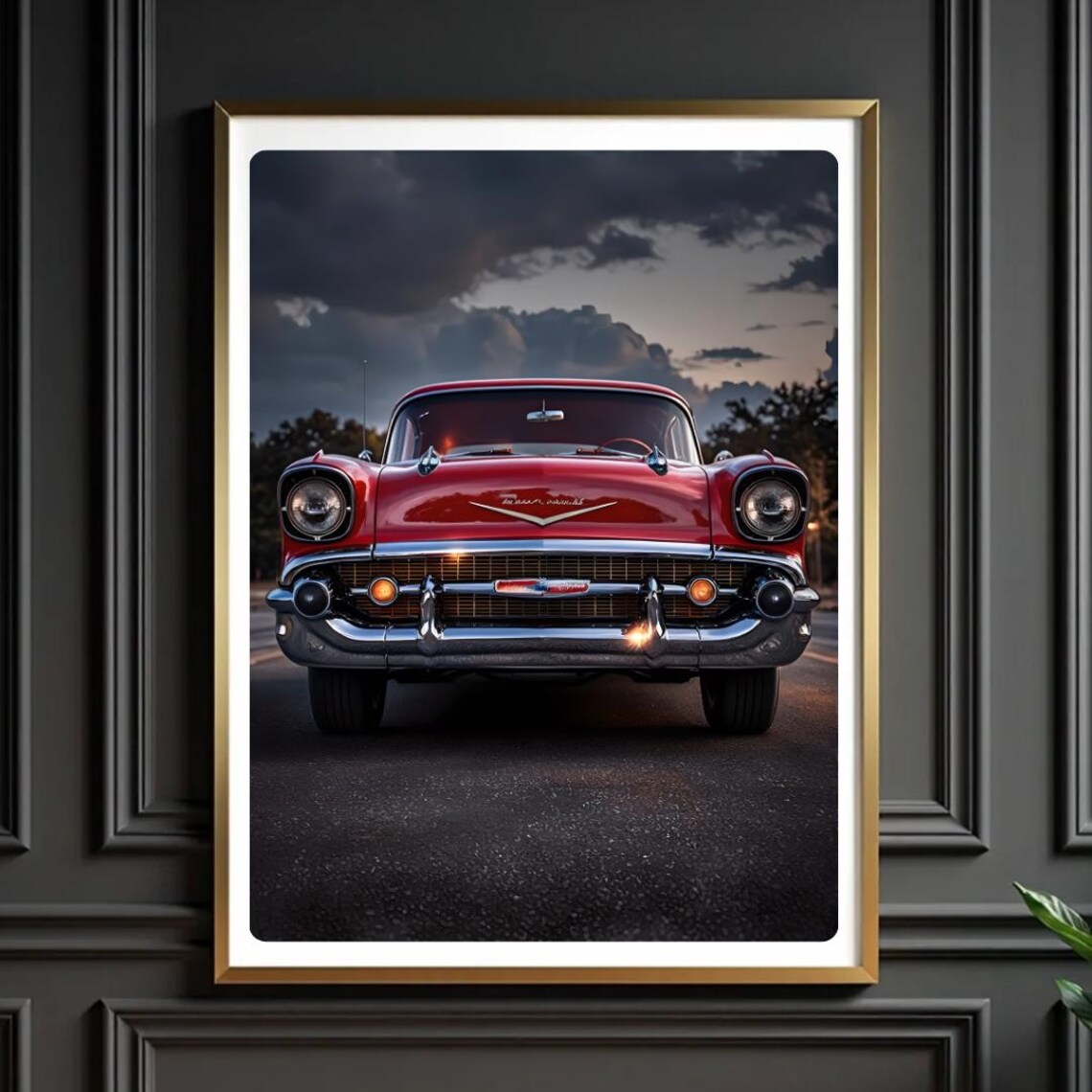 Red 1957 Chevy Bel Air Front View Classic Car Stormy Dusk Poster