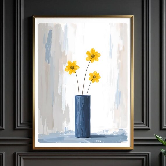 Yellow Daisy Flowers Blue Vase Minimalist Botanical Art Poster