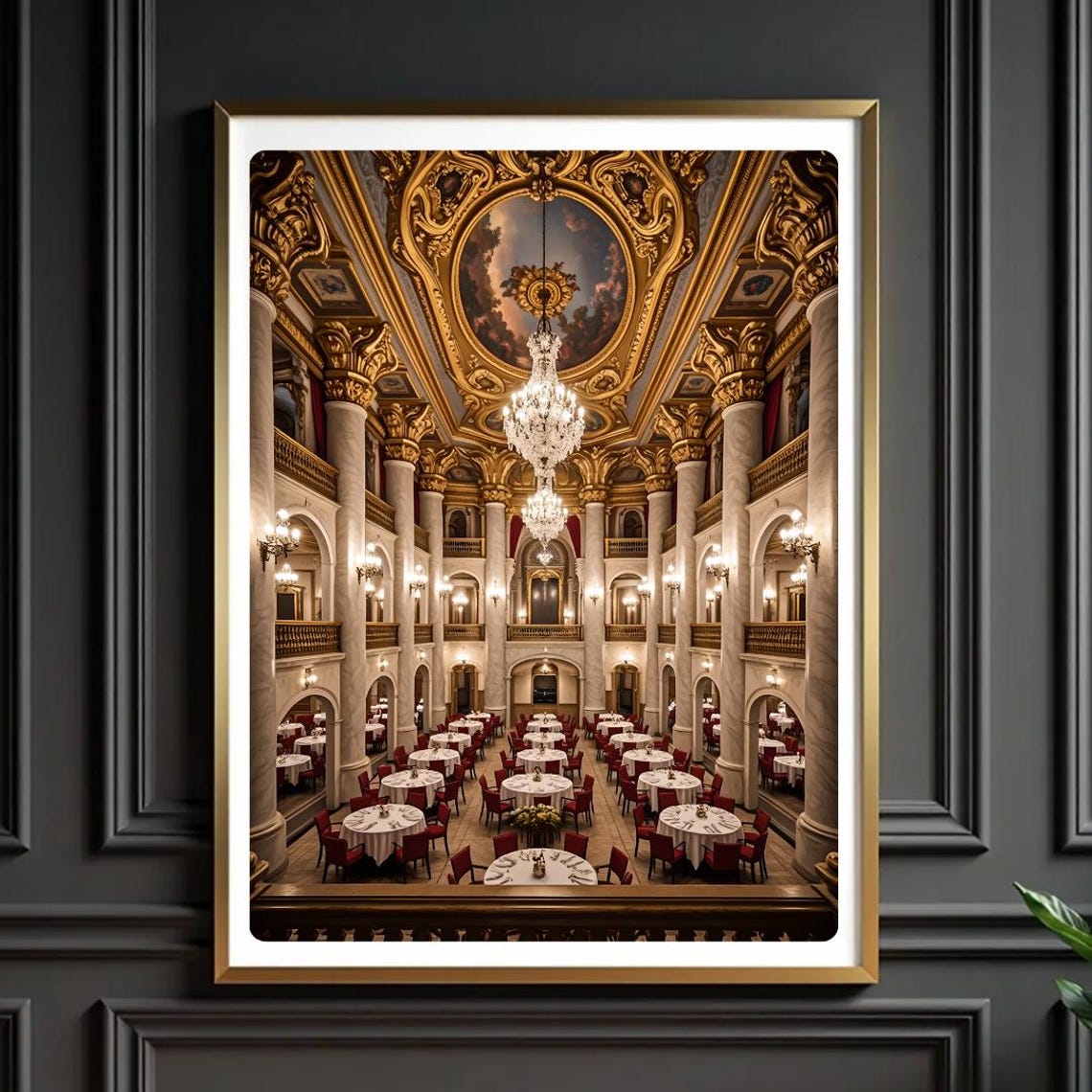 Grand European Ballroom Crystal Chandelier Luxury Interior Poster