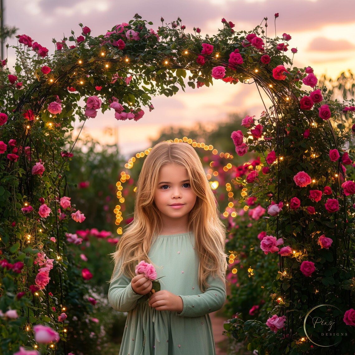 Pink Rose Garden Arch Girl At Twilight Fairy Lights Portrait Backdrop