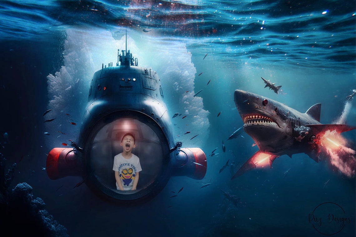 Shark Versus Submarine Deep Sea Underwater Battle Scene Art Poster - Image 2