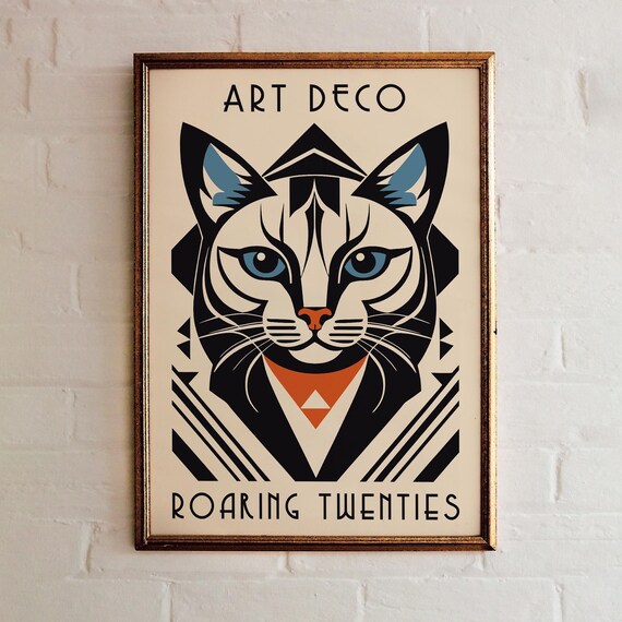 Art Deco Cat Head Blue Eyes Roaring Twenties Geometric Poster