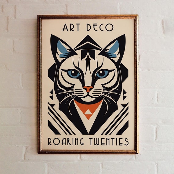 Art Deco Cat Poster Roaring Twenties Style Vintage Wall Art Retro Home Decor Geometric Cat Art 20s Inspired Print Gift For Cat Lovers