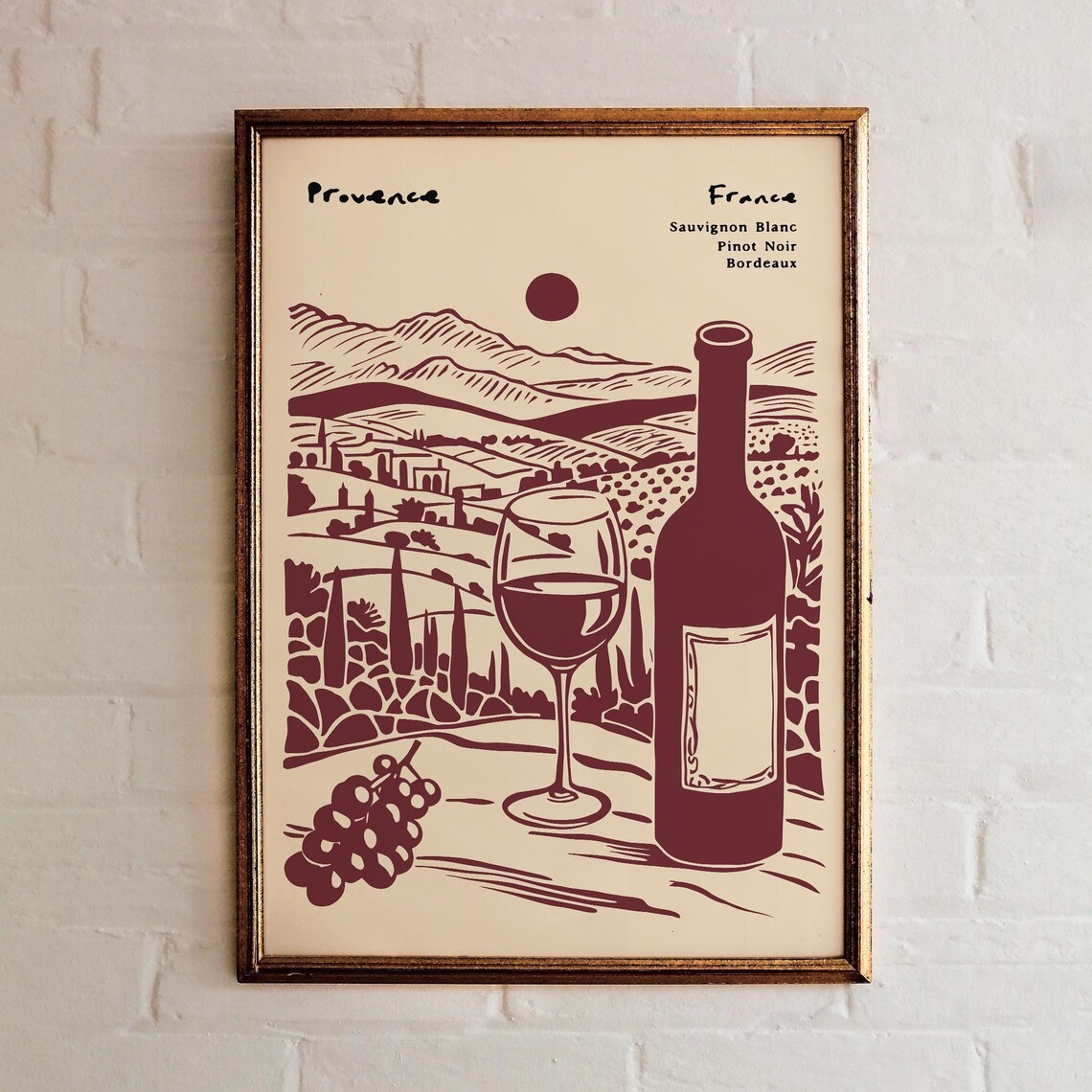Provence France Wine Burgundy Ink Vineyard Bottle Glass Poster