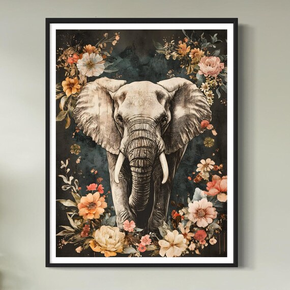 Elephant Wildflower Garden Dark Moody Vintage Wildlife Poster