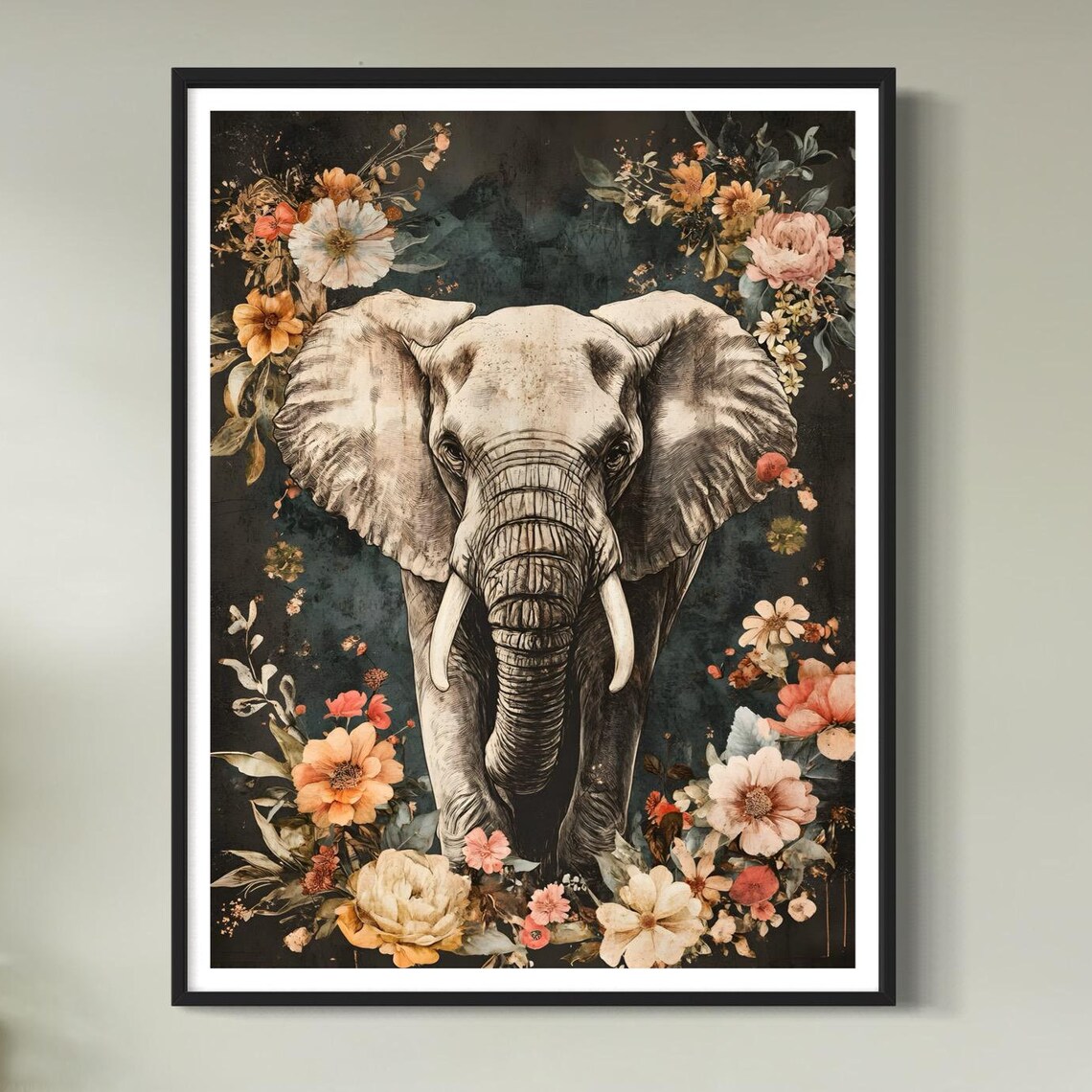 Elephant Wildflower Garden Dark Moody Vintage Wildlife Poster
