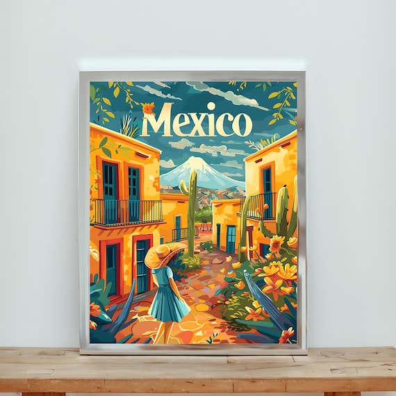 Mexico Cobblestone Street Volcano Village Vintage Travel Poster