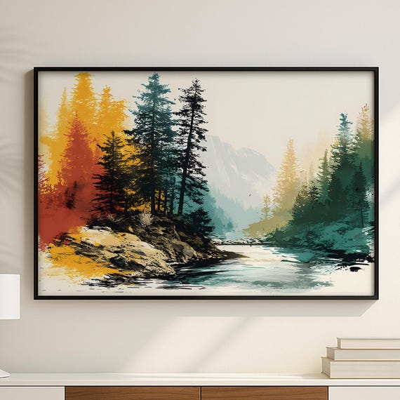 Abstract Forest River Painting Colorful Landscape Frame Tv Art