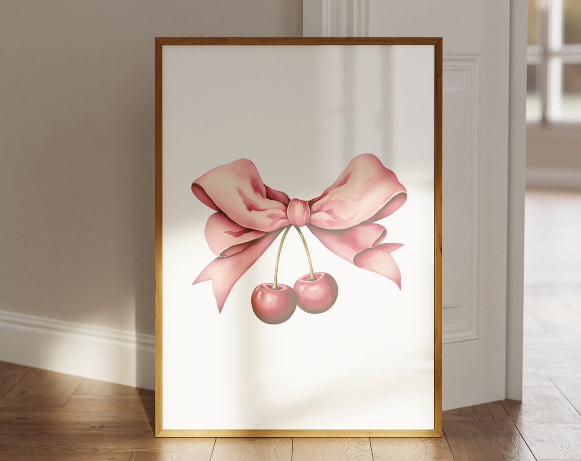 Coquette Pink Bow Cherry Wall Art Trendy Aesthetic Bedroom Print - Image 3