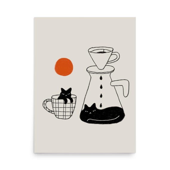 Black Cats With Pour Over Coffee Cute Minimalist Line Art Poster
