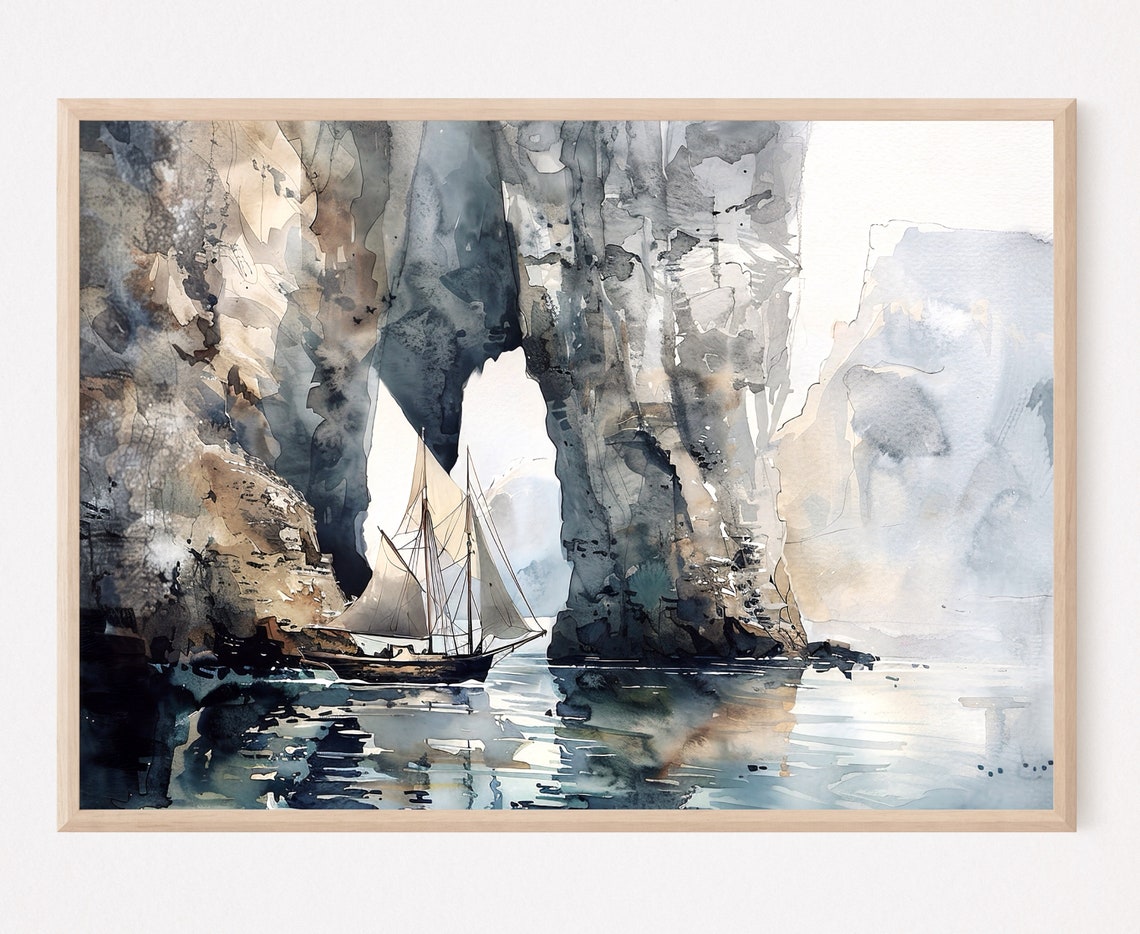 Sailboat Passing Through Towering Sea Arch Watercolor Seascape Poster