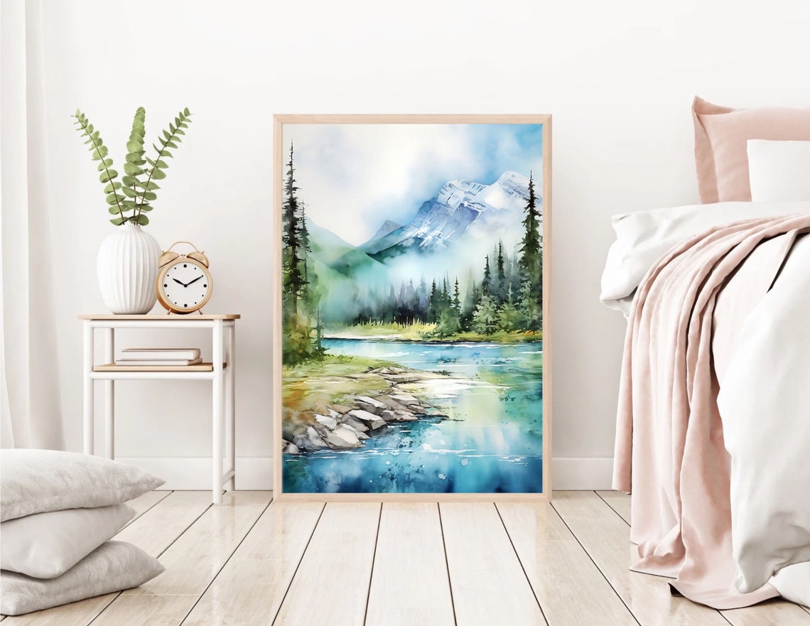 Banff National Park Snowy Peak Misty Pine River Watercolor Poster - Image 2