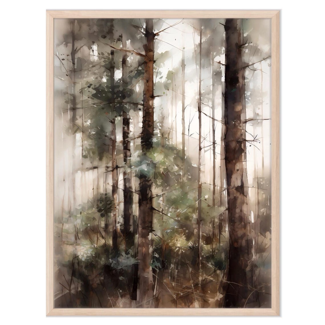 Tall Misty Pine Trees Soft Light Atmospheric Watercolor Forest Poster