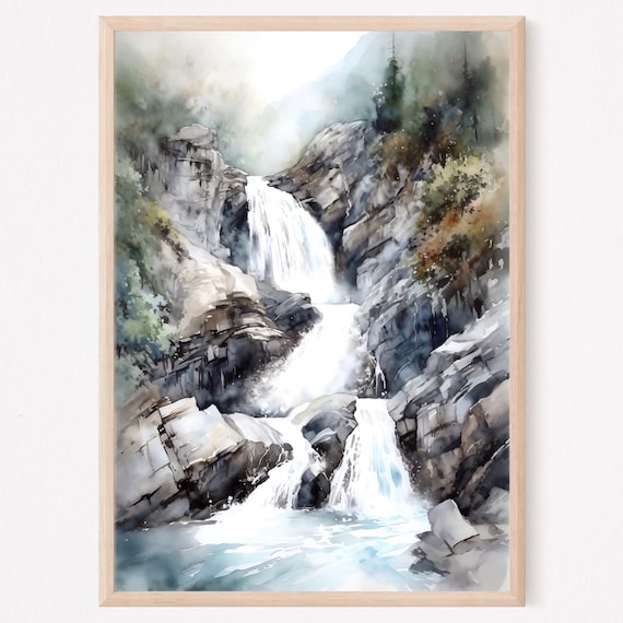 Mountain Waterfall Cascading Over Rocky Cliffs Watercolor Poster