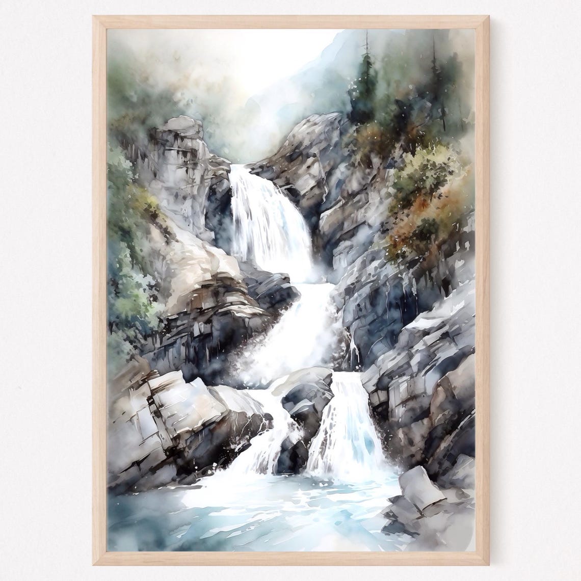 Mountain Waterfall Cascading Over Rocky Cliffs Watercolor Poster