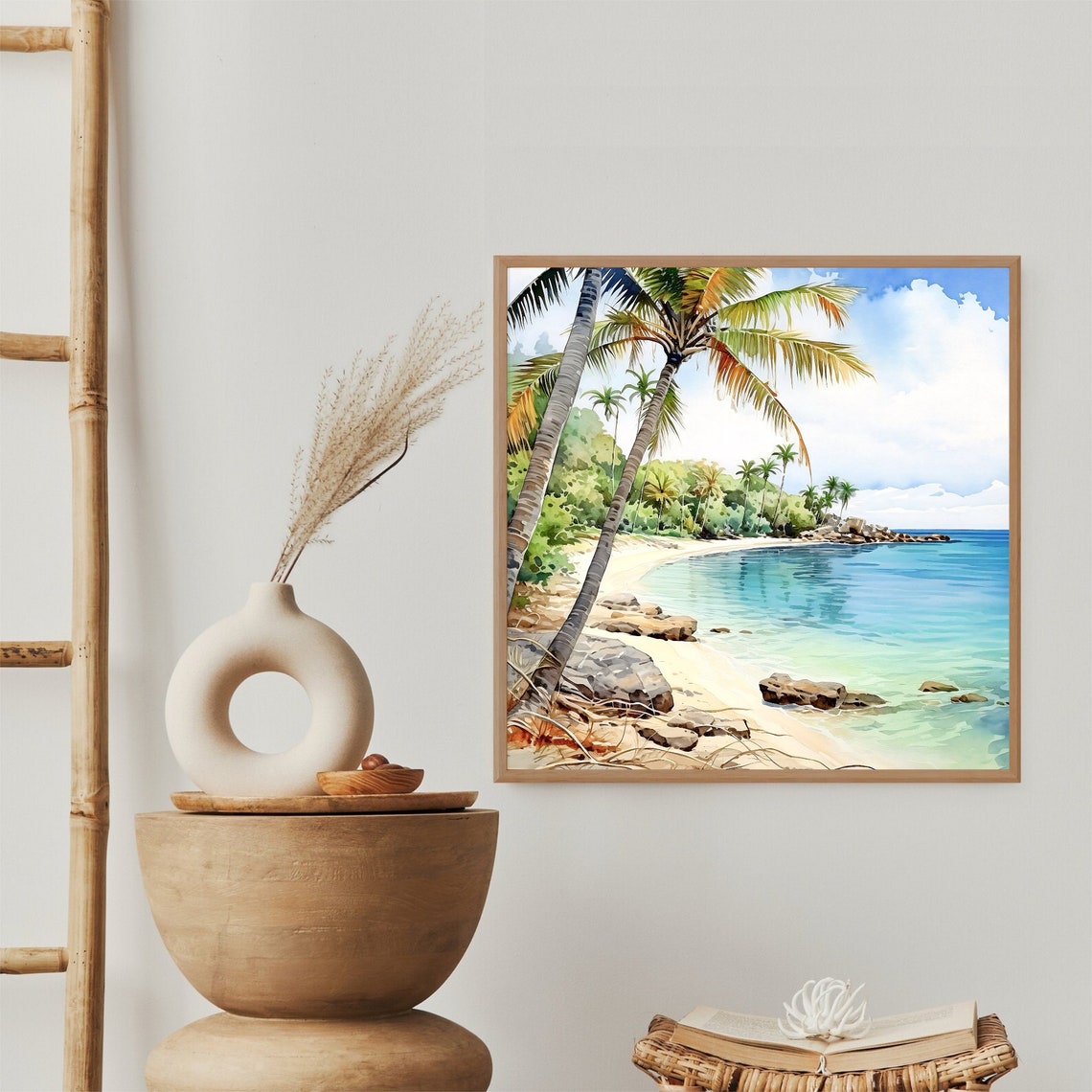 Tropical Beach Palm Trees Turquoise Sea Watercolor Travel Poster - Image 2