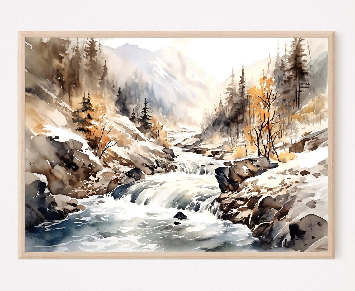 Winter Mountain Rapids Snowy Creek Watercolor Art Scene Poster