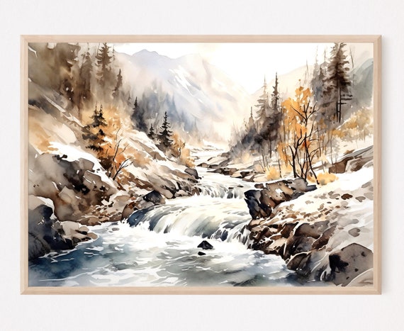 Mountain River Watercolor Painting Art Print Mountain Landscape Wall Art Home Decor Gift