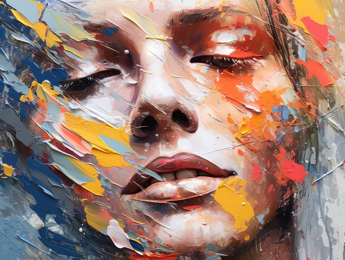 Abstract Woman Face Colorful Impasto Oil Paint Brushstroke Poster